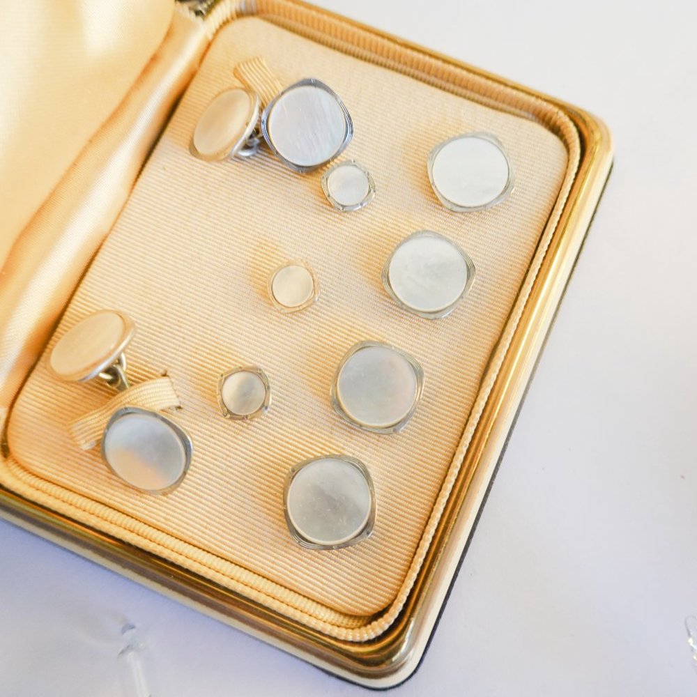 1930's Mother of Pearl Tuxedo Cufflinks Studs Platinum Clad in original box